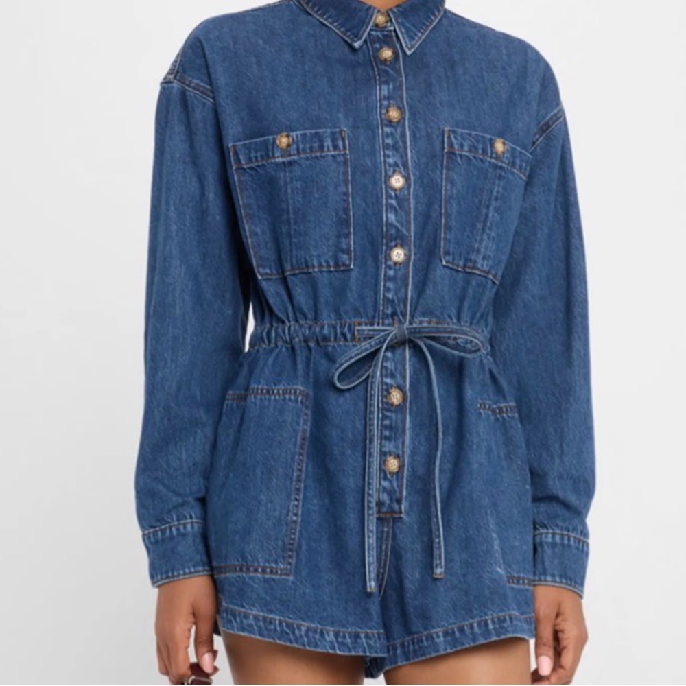 PAIGE Indigo Denim Tie-Waist Romper